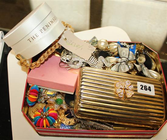 Collection of costume jewellery, a gilt evening bag and YSL compact